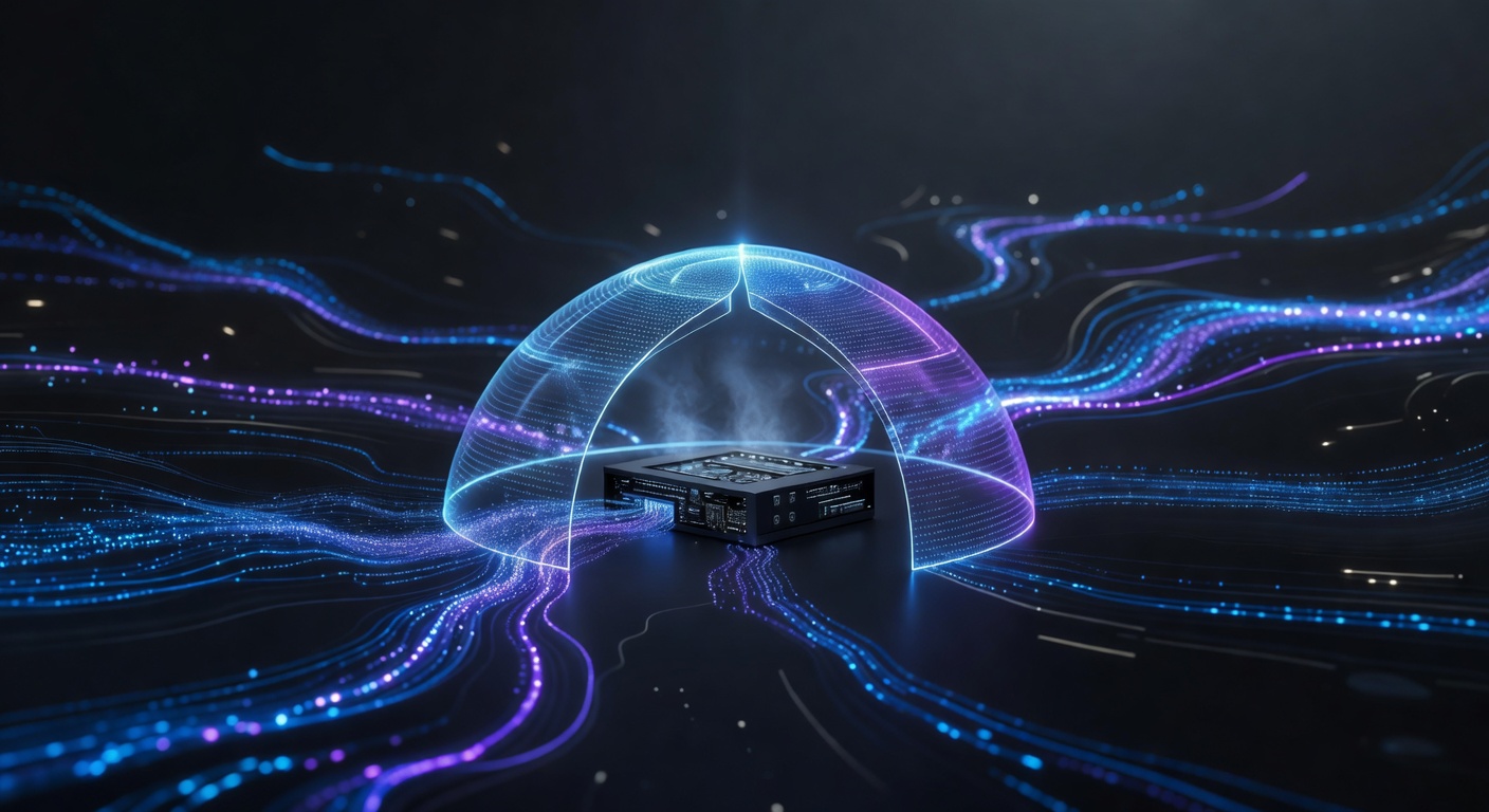A conceptual 3D illustration showing a glowing shield protecting a server node, representing a secure sandbox environment for edge computing, with abstract data streams flowing rapidly in the background. Modern tech style, dark mode with neon blue and purple accents, no text or logos.