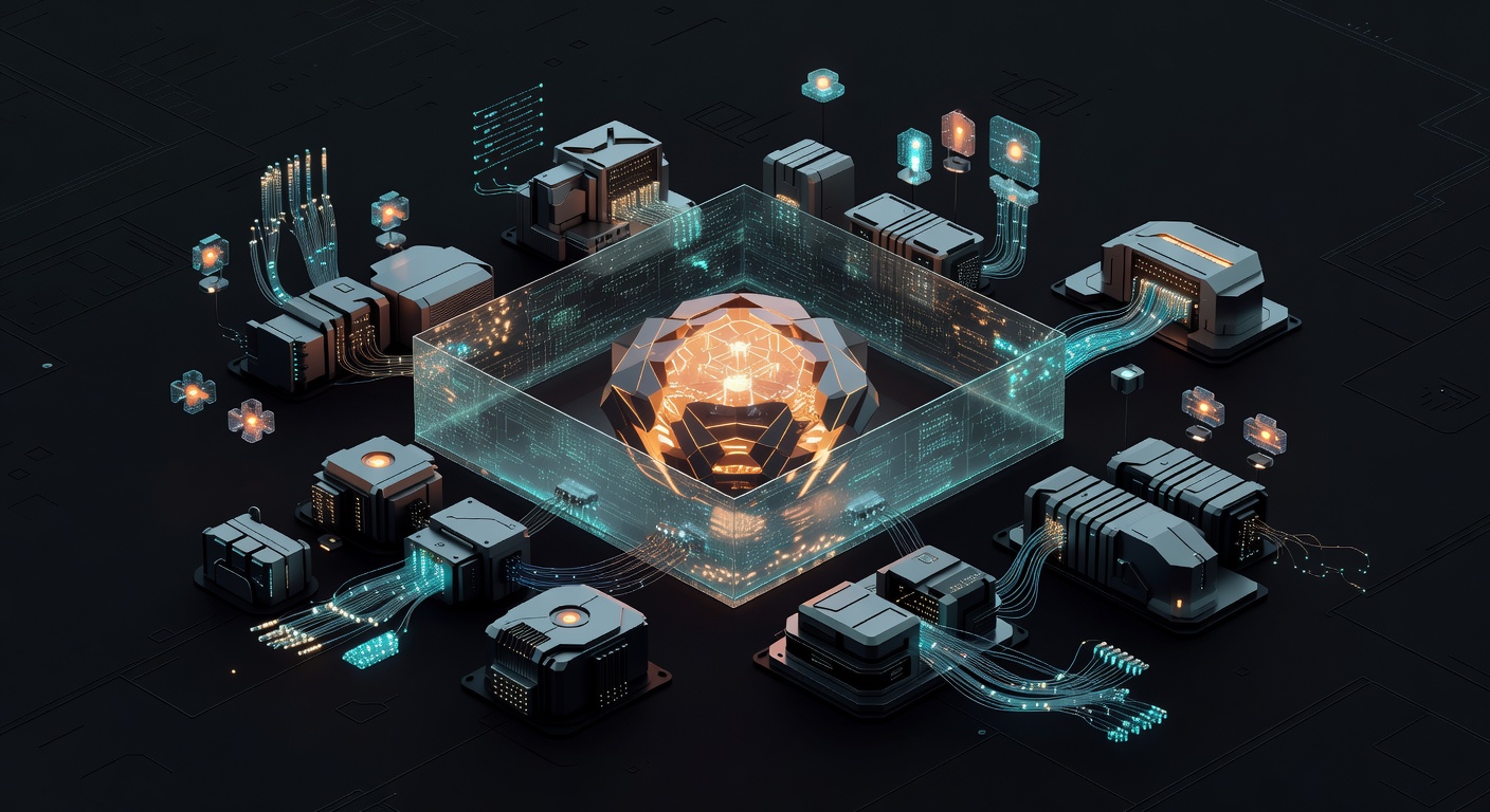 An abstract architectural visualization in a modern 3D isometric style, showing a central glowing core representing a processing engine, separated by a translucent digital barrier from surrounding system components. High-tech aesthetic, dark background with vibrant cyan and orange glowing elements, no text or logos.
