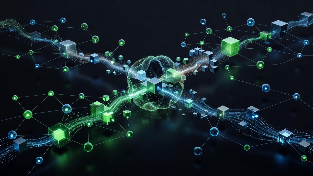A modern, abstract 3D illustration showing a seamless data pipeline flowing through interconnected glowing nodes representing neural network layers, with a central core processing data blocks, styled in sleek dark mode with neon green and blue accents, no text or logos.