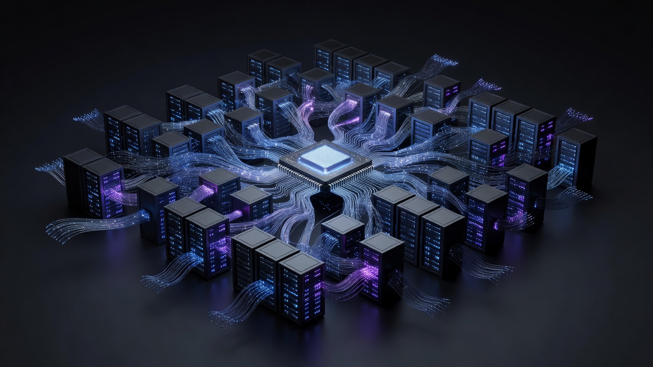 A futuristic tech visualization showing a single glowing microchip expanding into a massive, interconnected cluster of high-performance computing servers, emitting soft blue and purple light, symbolizing scalable computing power, clean and modern aesthetic, no text or logos.