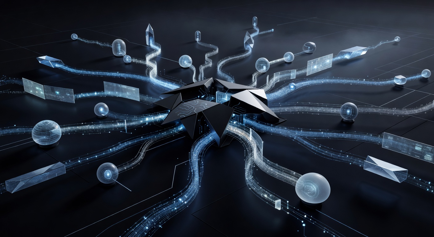 A modern, abstract 3D visualization of a high-performance data gateway routing glowing data streams through various nodes, representing AI agent tracing, telemetry, and security guardrails in a sleek dark mode tech environment. No text or logos.