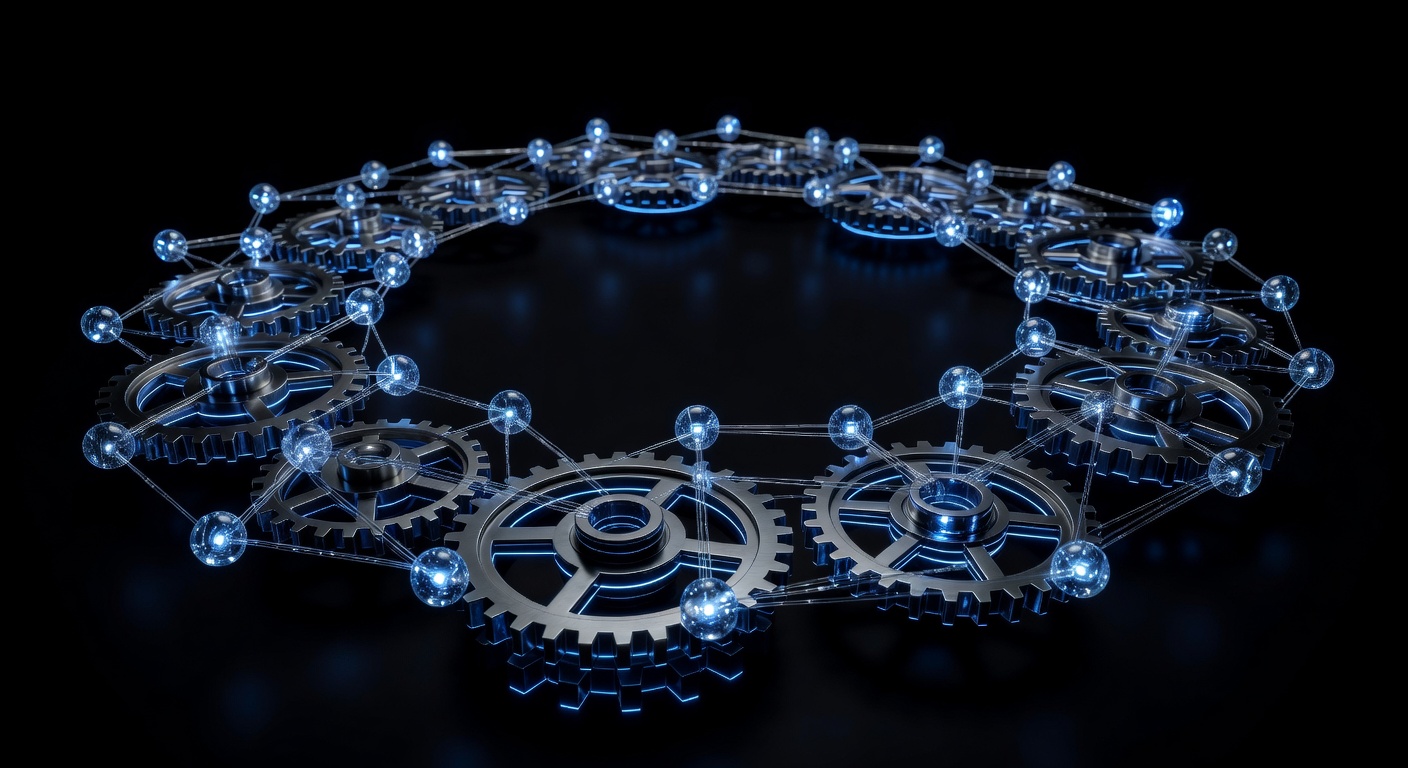 A conceptual illustration of an infinite loop or continuous integration cycle, featuring glowing interconnected nodes and gears in a futuristic software development environment, symbolizing the seamless lifecycle and optimization of AI agents. No text or logos.