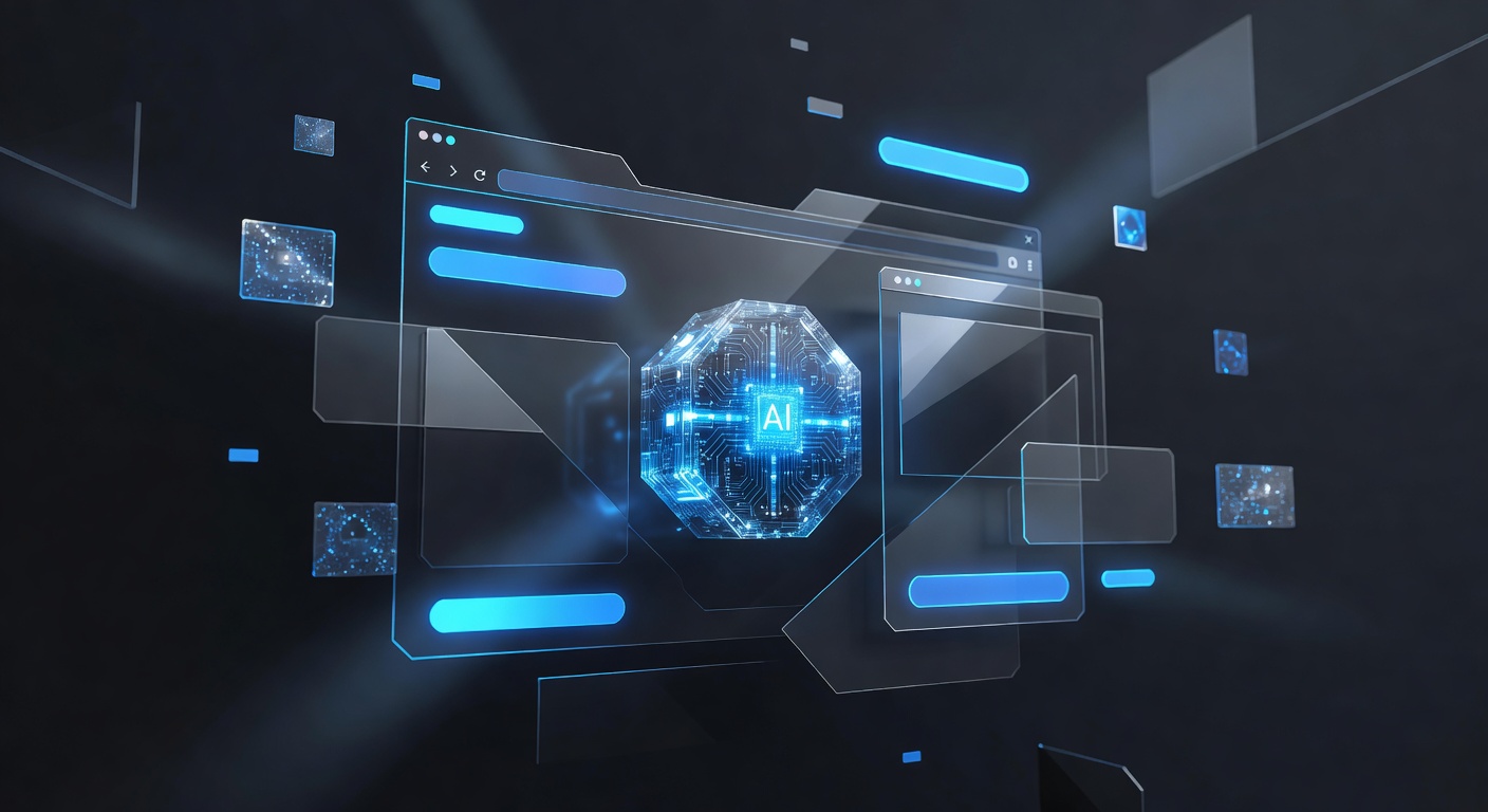 A modern, abstract 3D illustration showing a web browser interface seamlessly integrating with a glowing, futuristic AI core, symbolizing local AI processing and web automation, featuring floating web elements like buttons and image placeholders, sleek tech aesthetic, dark mode with neon accents, no text or logos.