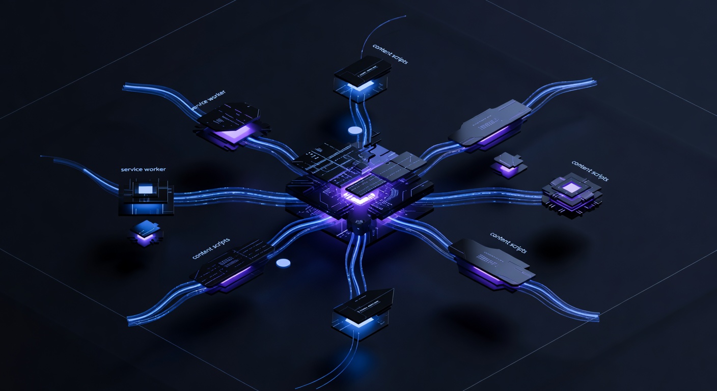 A conceptual architectural diagram in a modern 3D isometric style, showing interconnected glowing nodes representing a service worker, content scripts, and a central GPU processing unit, with data flowing securely within a closed local environment, futuristic cybernetic style, blue and purple color palette, no text or logos.