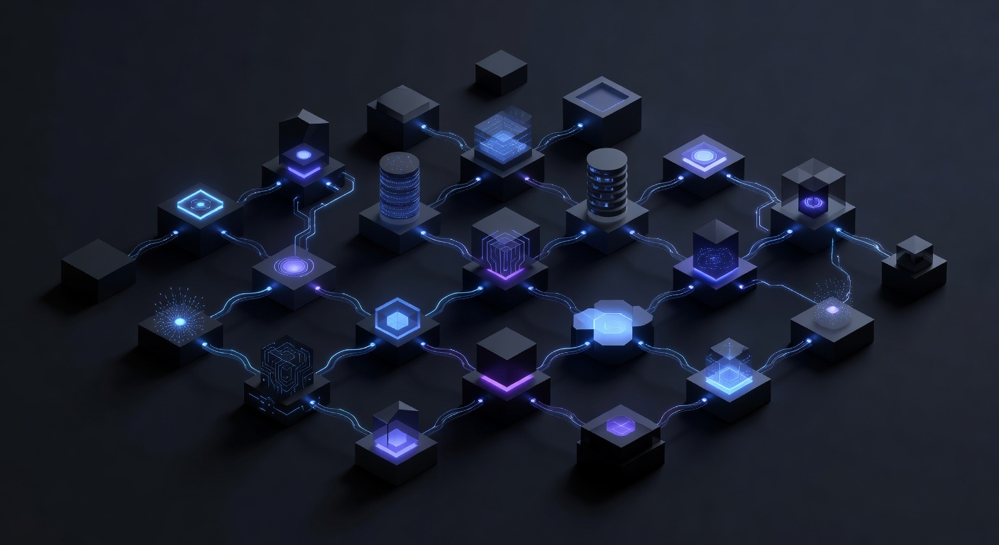 A modern, abstract 3D isometric illustration of a cloud architecture diagram, featuring glowing nodes, data pipelines, and interconnected blocks representing AI models, vector databases, and routing gateways, in a sleek dark mode color palette with neon blue and purple accents, no text or logos.