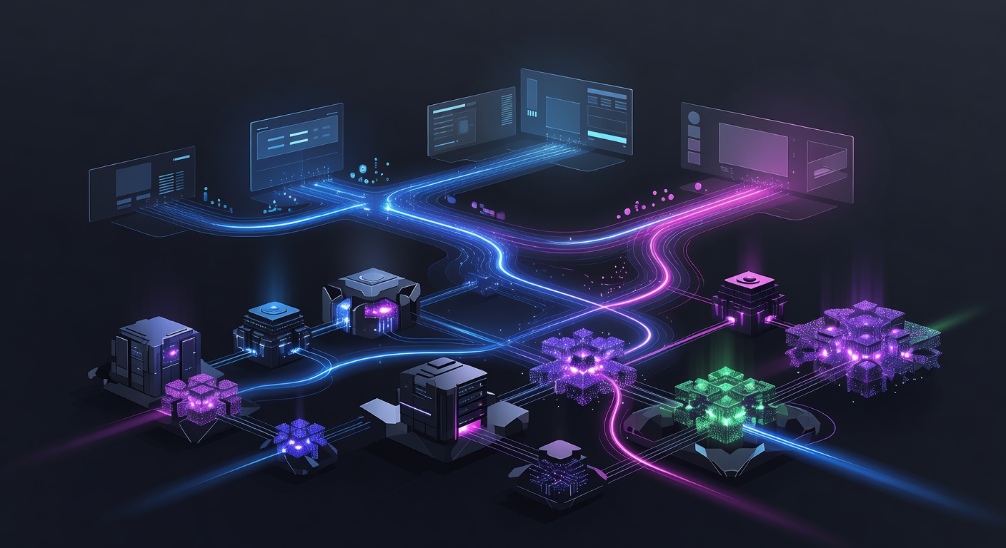 A modern abstract illustration of full-stack software integration, showing glowing data streams connecting layered front-end interfaces with back-end server nodes and AI processing units, stylized in a sleek, futuristic tech aesthetic with vibrant neon colors, no text or logos.