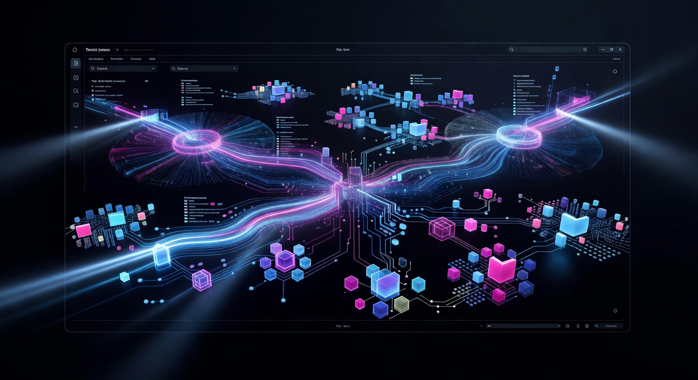 A sleek, modern terminal interface concept showing colorful file structures and fast search visualizations, dark mode, glowing neon accents, abstract representation of high-performance computing, no text or logos.