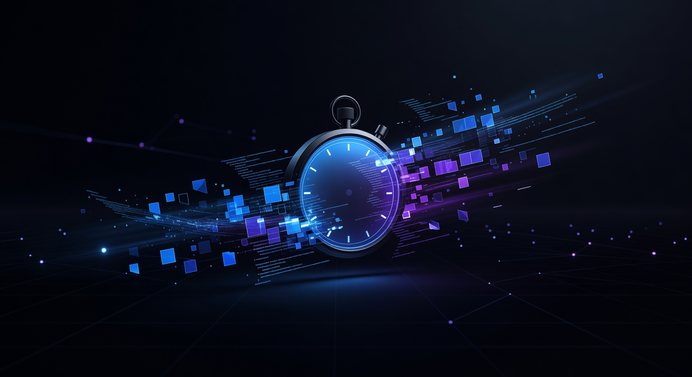 A conceptual illustration of software development workflow optimization, showing a glowing stopwatch merging with abstract code blocks, futuristic dark theme with vibrant blue and purple highlights representing efficiency and performance, no text or logos.