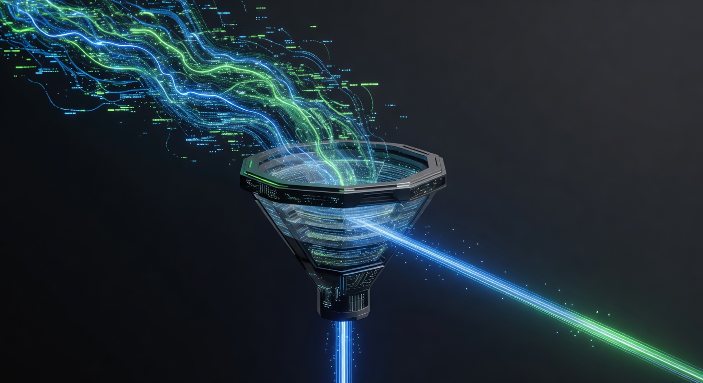 A conceptual 3D illustration showing a complex, glowing data stream being filtered through a high-tech funnel or processor, emerging as a simplified, highly compressed, and efficient beam of light. Modern tech style, dark background with neon blue and green accents, no text or logos.