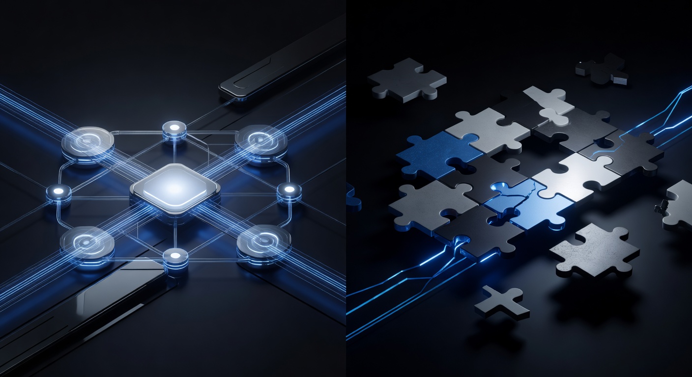 A split-screen conceptual illustration. On one side, a smooth, efficient, and streamlined digital workflow representing cost savings and speed; on the other side, a slightly fragmented or abstract puzzle representing the trade-offs and limitations. Modern tech style, sleek isometric design, vibrant colors, no text or logos.