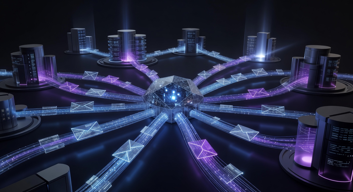 A conceptual 3D illustration of an AI node seamlessly routing digital envelopes through a futuristic network of glowing data pipelines, connecting to abstract database cylinders, modern tech style, dark mode with neon blue and purple accents, no text or logos