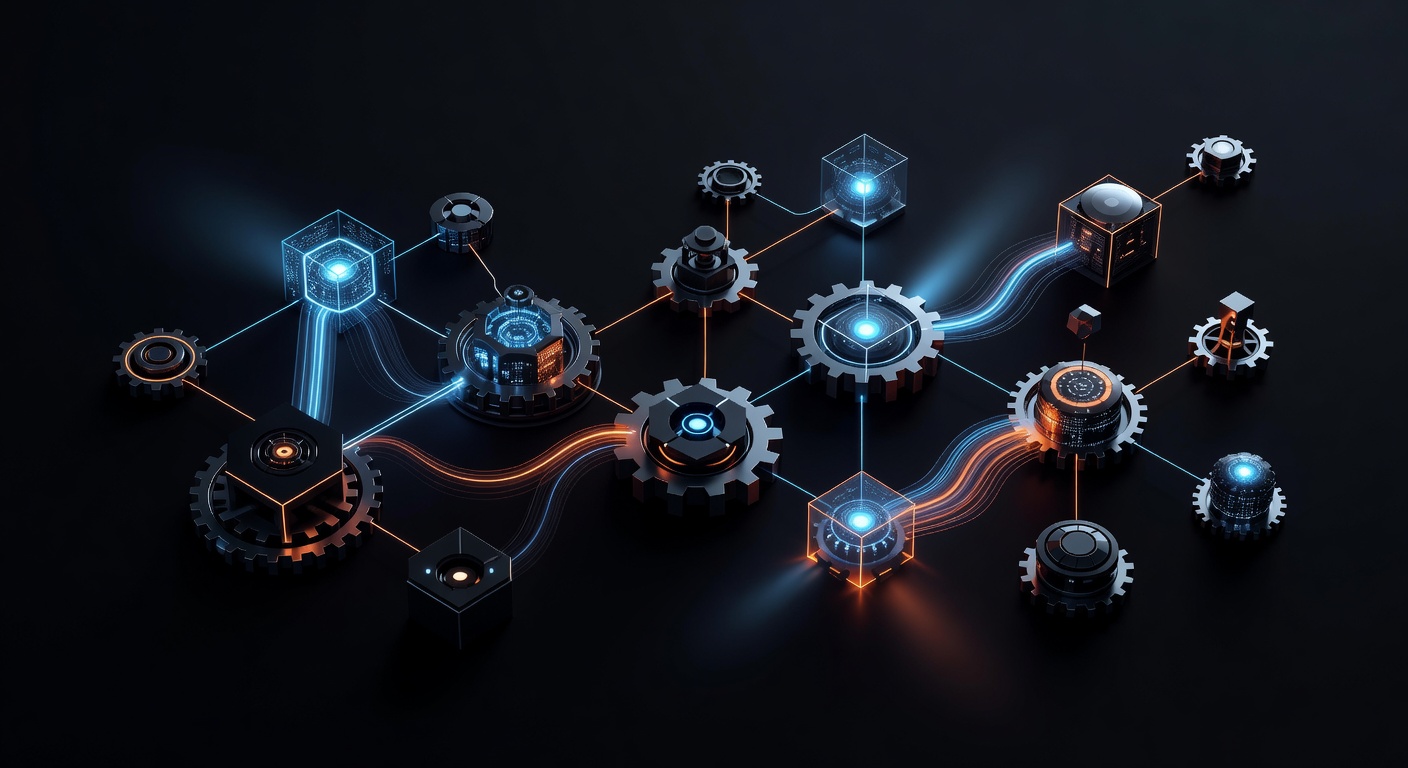 A sleek, modern abstract representation of automated workflows, featuring interconnected glowing geometric shapes and gears processing data streams, symbolizing AI machine learning integration, dark background with vibrant cyan and orange highlights, no text or logos