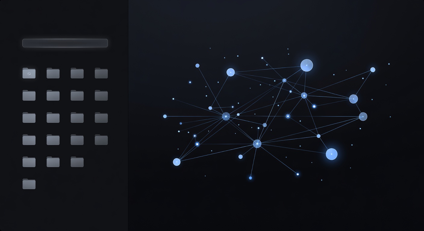 A sleek, abstract representation of a modern macOS application interface, featuring a sidebar with organized folders, a search bar, and a central workspace with glowing data nodes, dark mode tech aesthetic, no text or logos