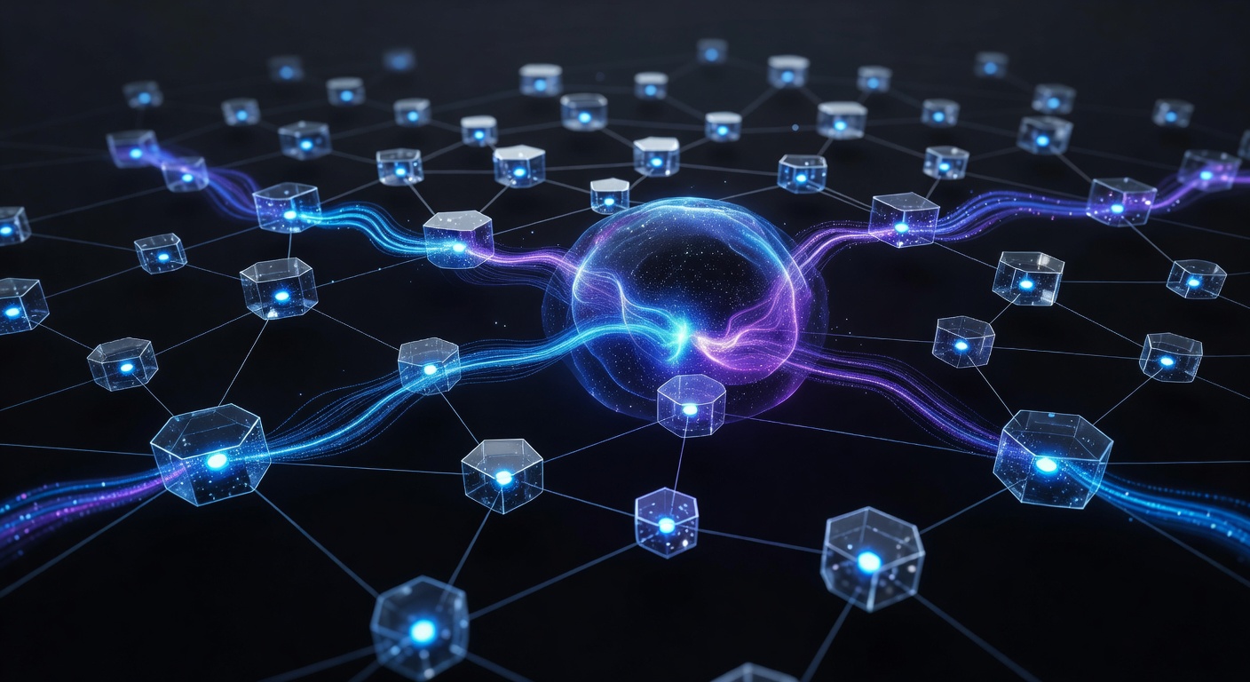 An abstract 3D illustration of artificial intelligence automation workflows, showing glowing interconnected nodes and data streams integrating into a central hub, modern software development concept, dark background with neon blue and purple accents, no text or logos