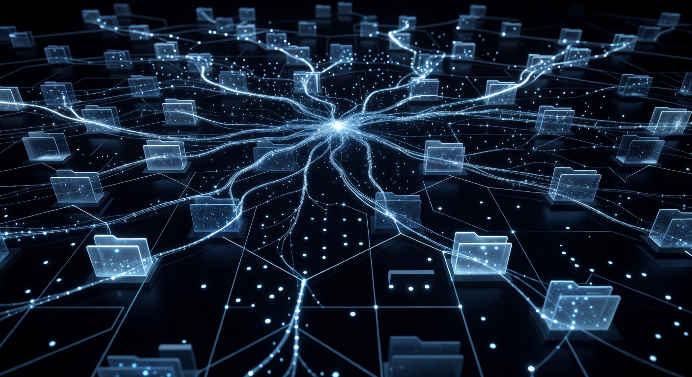 A futuristic glowing neural network connecting to a structured grid of glowing nodes and folders, representing an AI organizing a digital knowledge vault, modern tech style, dark theme, abstract 3D rendering, no text or logos.