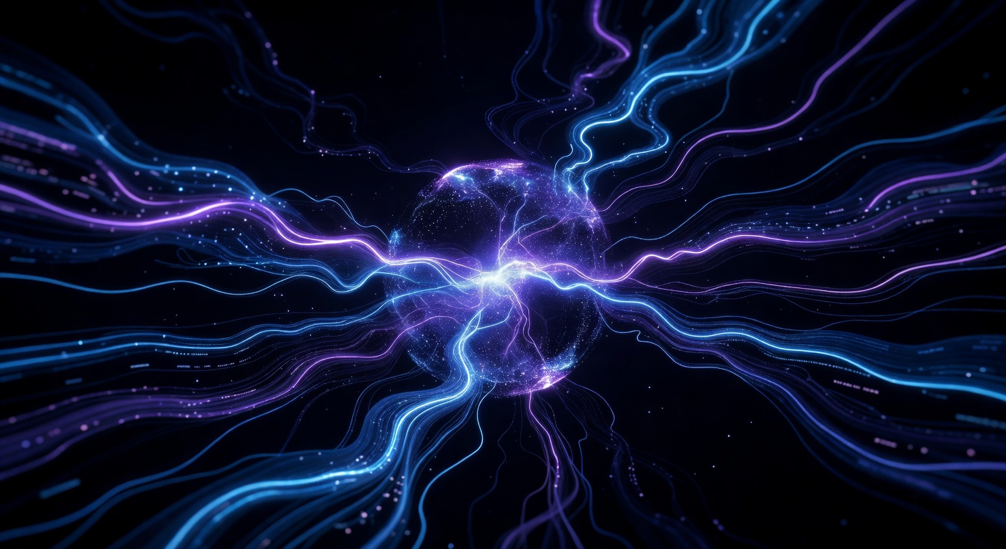 Abstract representation of automated software development, featuring glowing data streams flowing into a central glowing core, symbolizing machine learning and automated data processing, modern tech aesthetic, dark background with neon blue and purple accents, no text or logos.