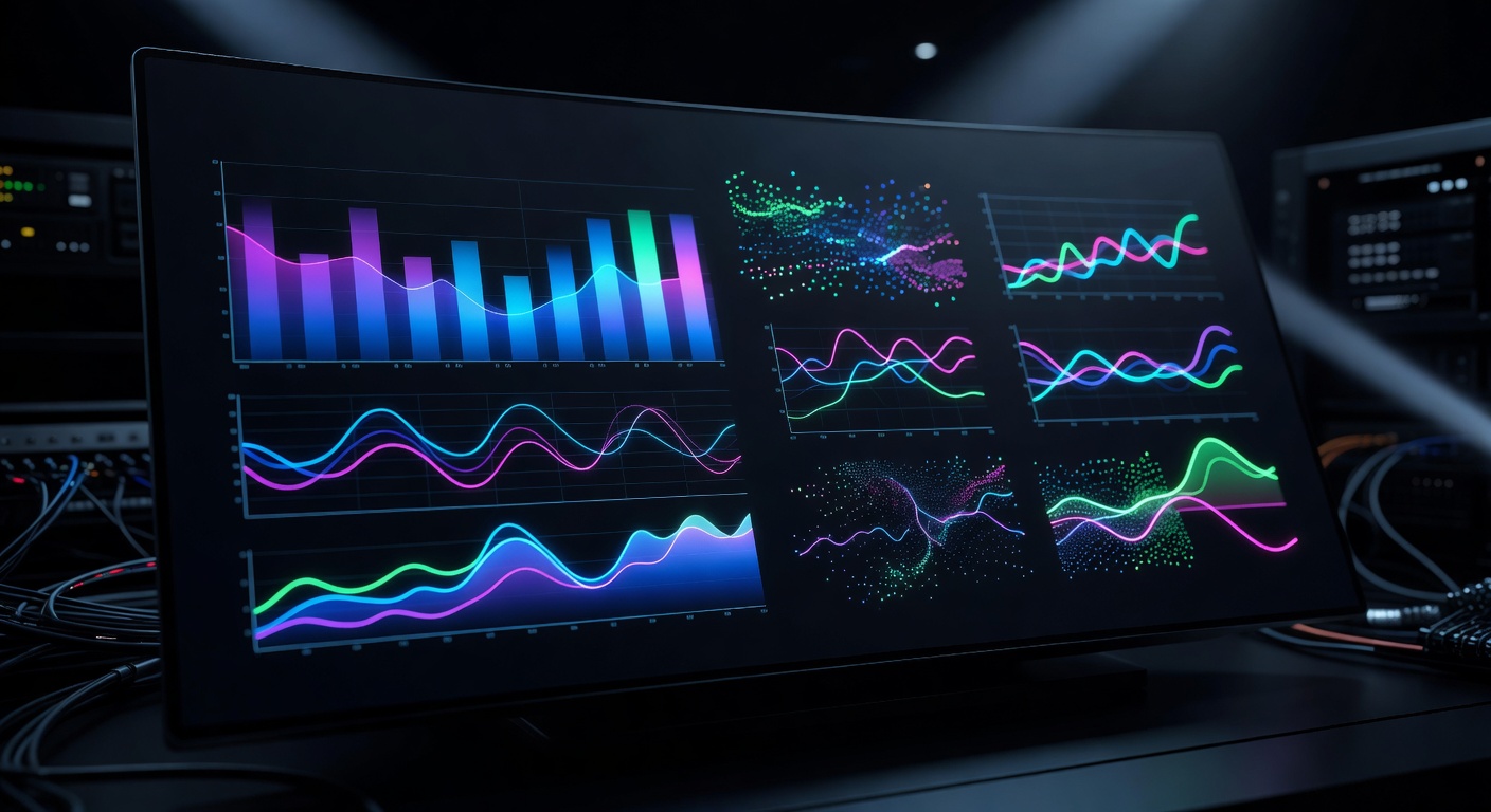 A modern, dark-themed terminal user interface displaying abstract data visualizations, gradient bar charts, and analytical graphs representing data processing and statistics, glowing neon colors, sleek tech aesthetic, no text or logos.
