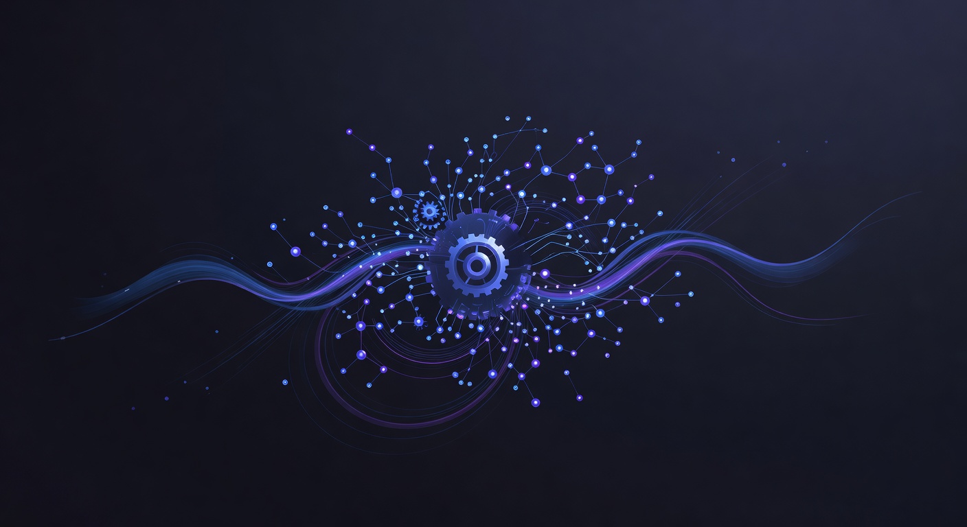 An abstract conceptual illustration of software development and resource optimization, featuring glowing interconnected nodes, a glowing gear symbolizing efficiency, and abstract data streams in a modern high-tech style, dark background with blue and purple accents, no text or logos.