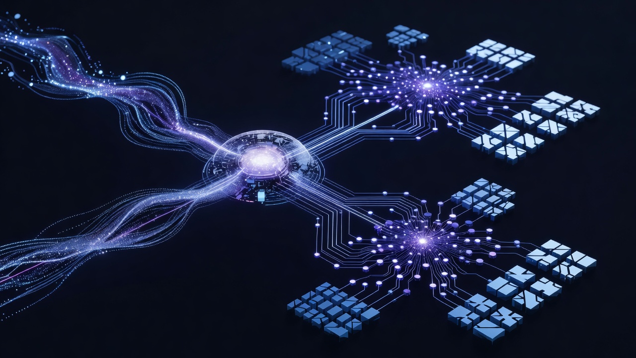 A modern, abstract 3D illustration showing a glowing data stream being intercepted by a central glowing node representing a proxy, which routes the signal to a neural network processing unit and returns it as structured data blocks. Neon blue and purple color palette, dark background, highly detailed tech aesthetic, no text or logos.