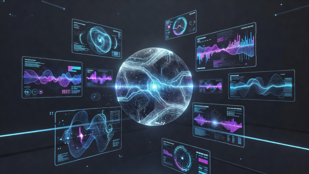 A sleek, futuristic illustration of an artificial intelligence glowing core interacting with floating holographic screens displaying abstract user interfaces, wireframes, and data charts. Modern tech style, vibrant colors, clean composition, no text or logos.