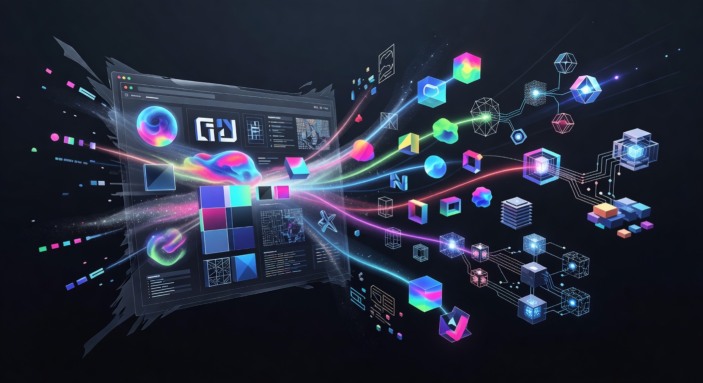 A conceptual 3D illustration of a glowing web page being deconstructed into abstract design tokens like color palettes, typography blocks, and layout grids, flowing seamlessly into modular data structures. Modern tech style, dark mode with vibrant neon accents, no text or logos.