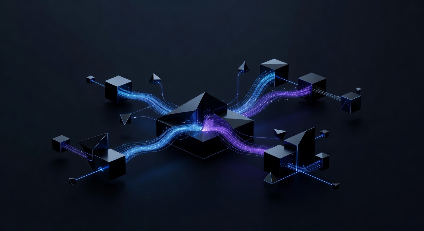 An abstract, sleek representation of a glowing terminal or command-line interface emitting streams of digital data that connect to modular building blocks, symbolizing software integration and automation. Minimalist tech aesthetic, dark background with glowing blue and purple elements, no text or logos.