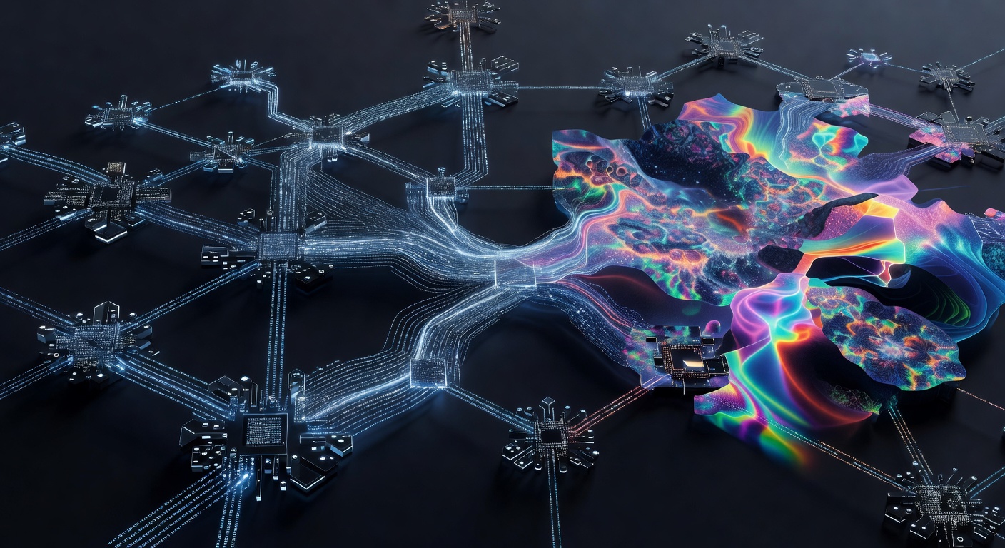 A modern abstract visualization of an AI image generation process, showing digital nodes and glowing data streams transforming into a vibrant, abstract visual artwork, representing a gallery of creative prompts and automated workflows, sleek tech style, no text or logos