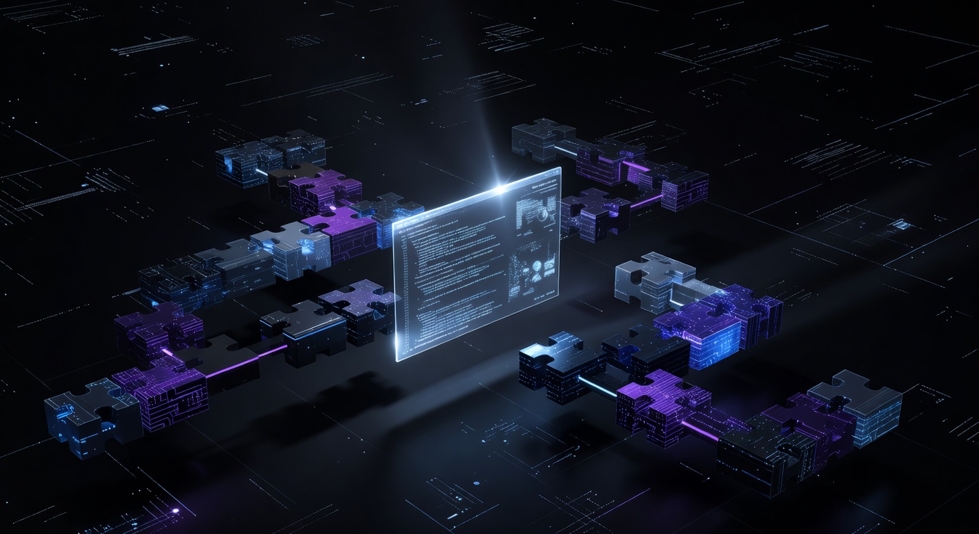 A stylized 3D illustration of a glowing command line interface floating in a dark tech environment, surrounded by modular puzzle-like blocks connecting together, symbolizing software installation and modular architecture, neon blue and purple color palette, no text or logos