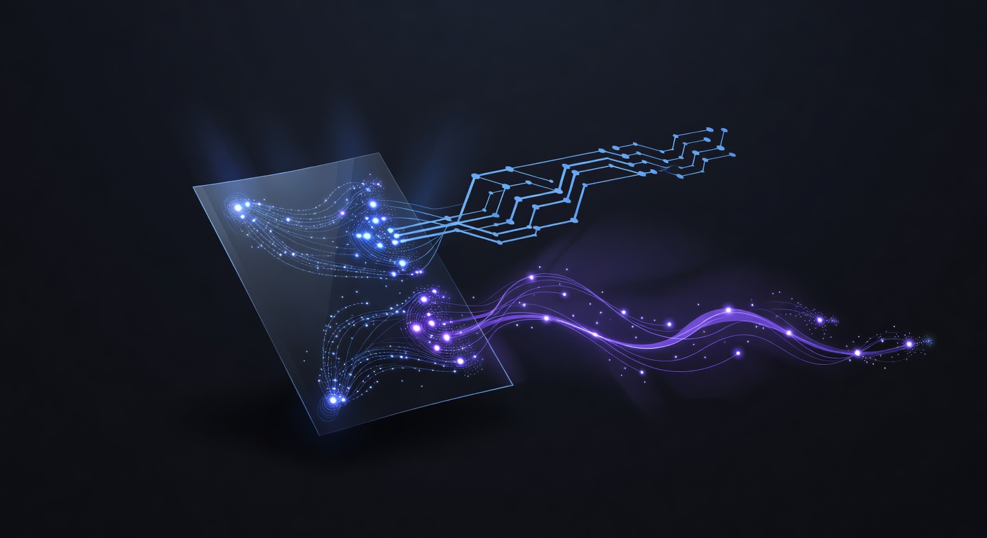 A conceptual 3D illustration showing a document being analyzed by glowing digital nodes, splitting into static and dynamic rule pathways, modern tech style, dark mode with neon blue and purple accents, no text or logos.