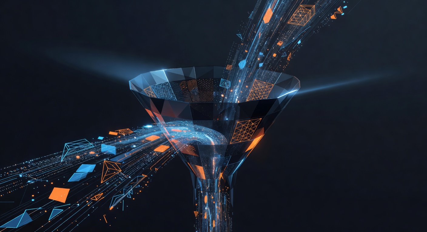 A modern abstract representation of data filtering and pattern extraction, featuring glowing geometric shapes and data streams passing through a digital funnel, sleek tech aesthetic, dark background with vibrant orange and cyan highlights, no text or logos.