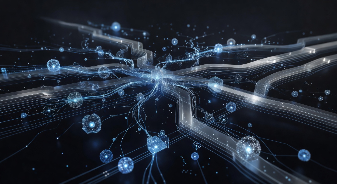 Abstract representation of an AI agent architecture, featuring glowing data nodes, interconnected neural pathways, and layered processing pipelines in a sleek, modern dark theme, conveying complex system design without any text or logos.