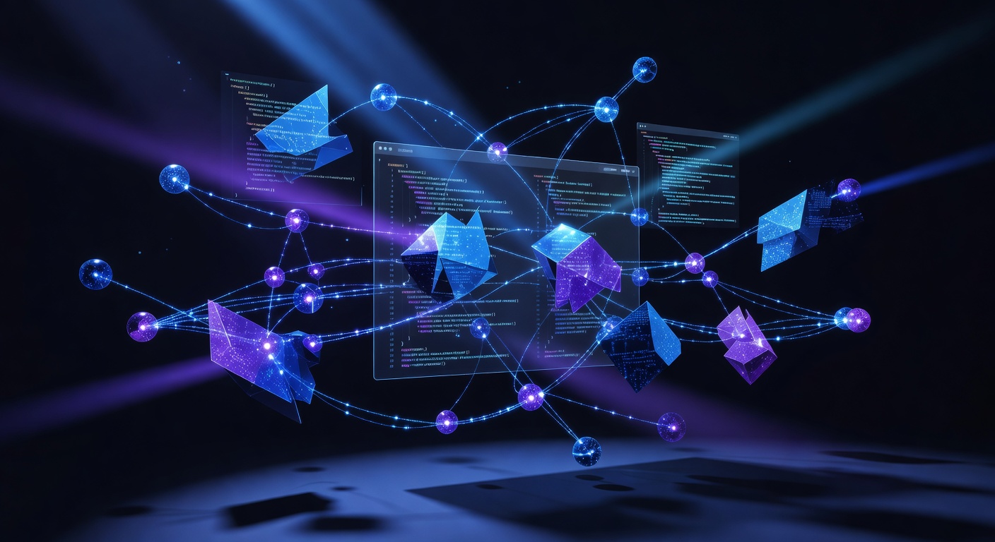 Modern software development concept showing a futuristic IDE interface with abstract code blocks, floating holographic API connections, and seamless integration nodes in a vibrant cyber-blue and purple color palette, no text or logos.