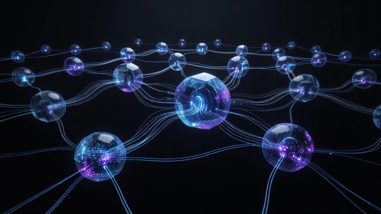 A conceptual 3D illustration showing multiple glowing AI nodes or neural network cores connecting to a central glowing hub, representing a shared workspace and parallel processing, modern dark tech aesthetic with neon blue and purple accents, no text or logos.