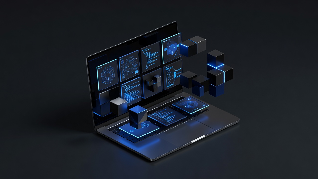 A sleek, modern 3D isometric view of a futuristic laptop with floating modular UI panels and abstract geometric blocks assembling together, representing software setup and local development, soft studio lighting, minimalist tech style, no text or logos.