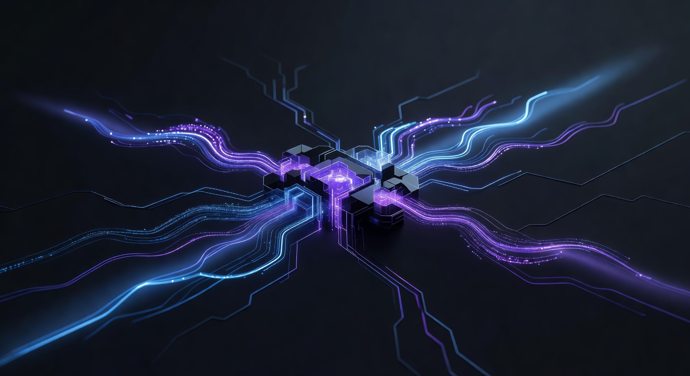 An abstract digital workspace illustration showing seamless integration of AI tools, featuring glowing data streams merging into a central processing hub, sleek futuristic design, dark background with vibrant blue and purple highlights, representing automated workflows. No text or logos.