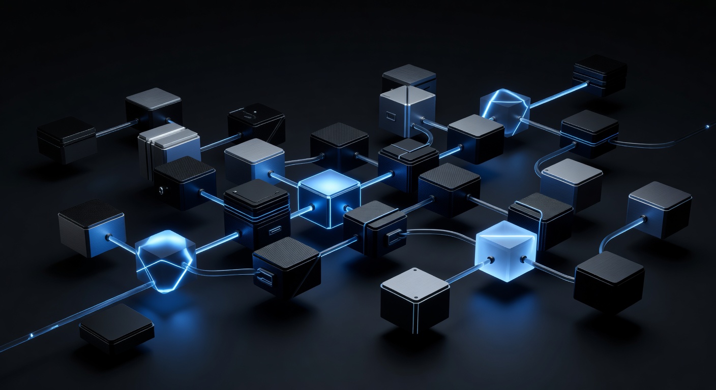 A modern, abstract 3D illustration showing a modular design system with interconnected glowing blocks, representing local-first architecture and AI-driven graphic design workflows, dark mode tech aesthetic, no text or logos.