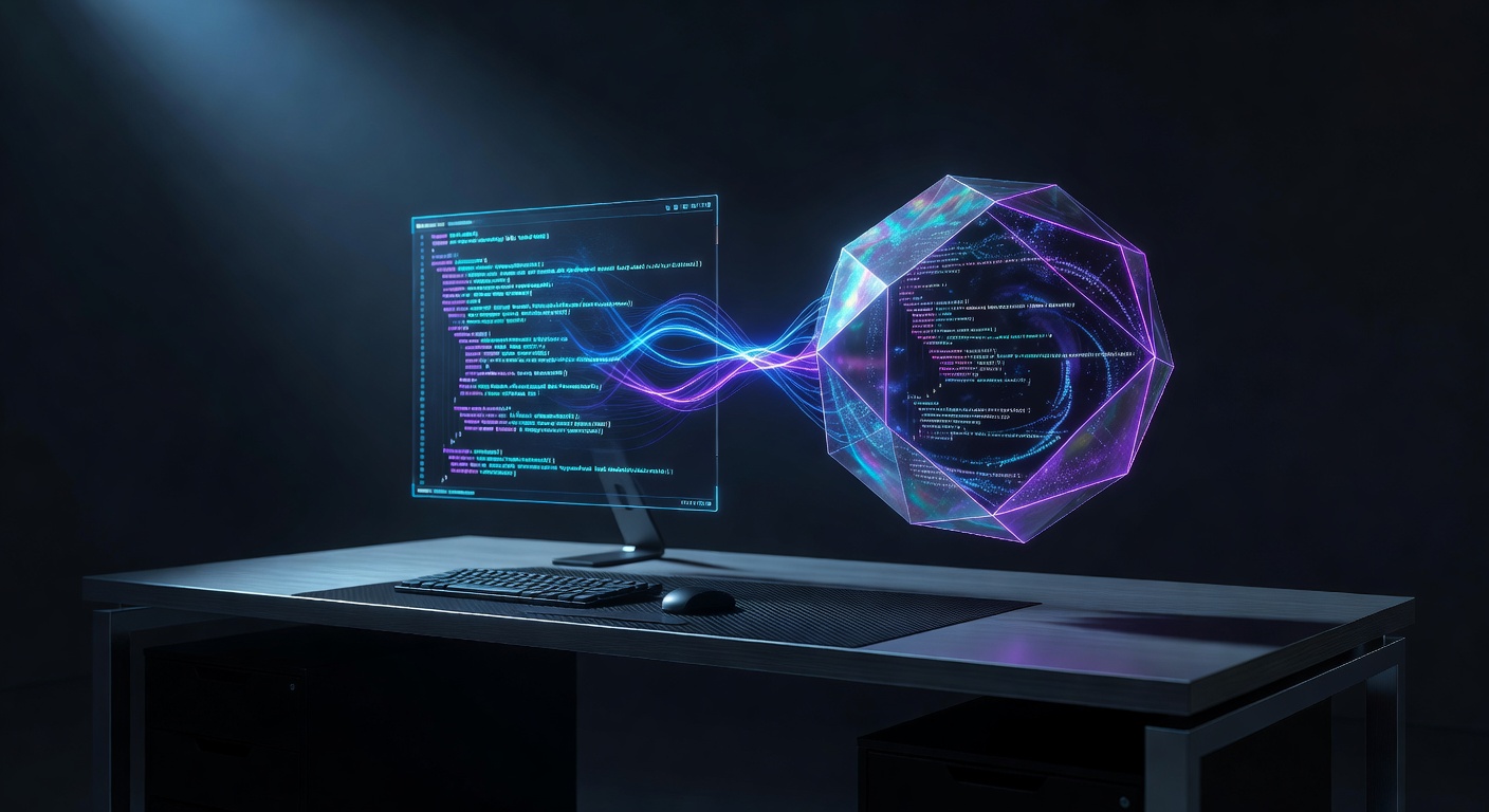A sleek developer workspace concept showing a glowing terminal interface floating next to a secure sandbox environment, symbolizing local AI execution and code integration, futuristic neon blue and purple tones, no text or logos.