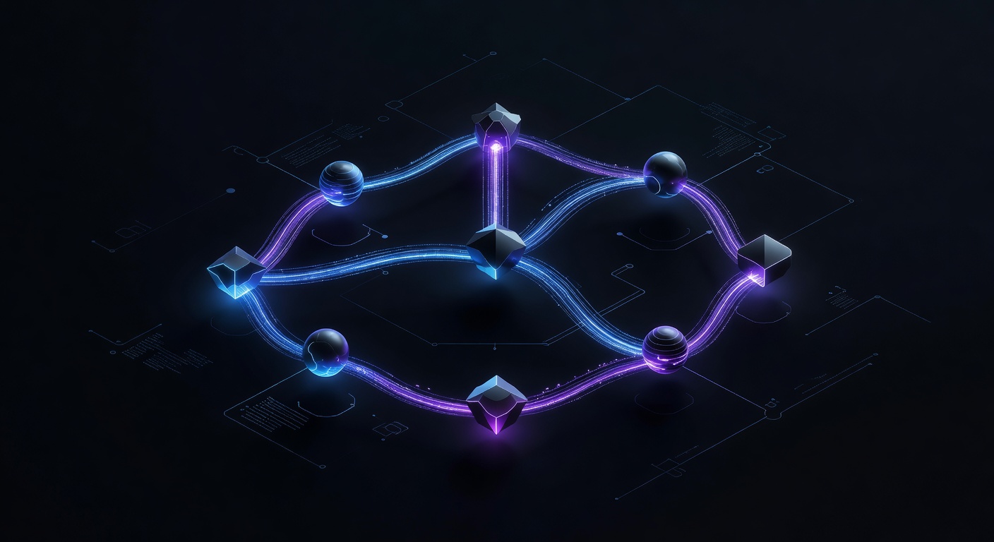 A modern 3D isometric illustration showing multiple glowing AI nodes connected by flowing light trails in a directed acyclic graph structure, representing specialized agents collaborating in a high-tech digital environment, dark mode with neon blue and purple accents, no text or logos.