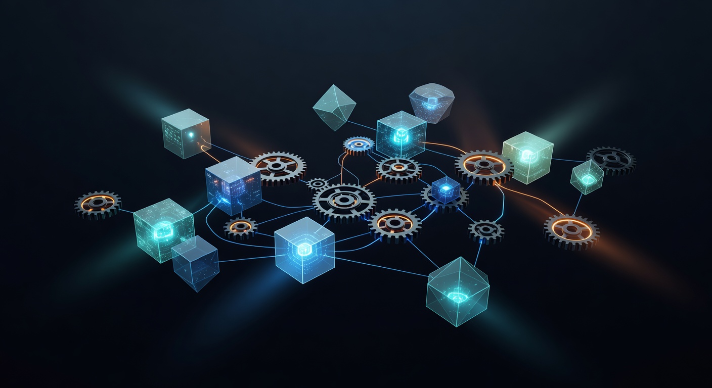 A sleek, abstract representation of a software configuration process featuring floating holographic building blocks and interconnected gears, symbolizing the setup of an automated orchestration system, modern tech aesthetic, dark background with vibrant cyan and orange highlights, no text or logos.
