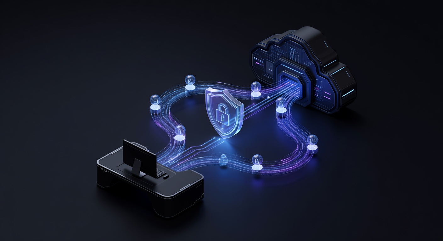 Abstract representation of a secure authentication flow, featuring glowing data nodes connecting a local environment to a cloud server, with a subtle padlock or shield motif symbolizing secure token storage, modern dark theme with neon blue and purple accents, 3d isometric style, no text or logos