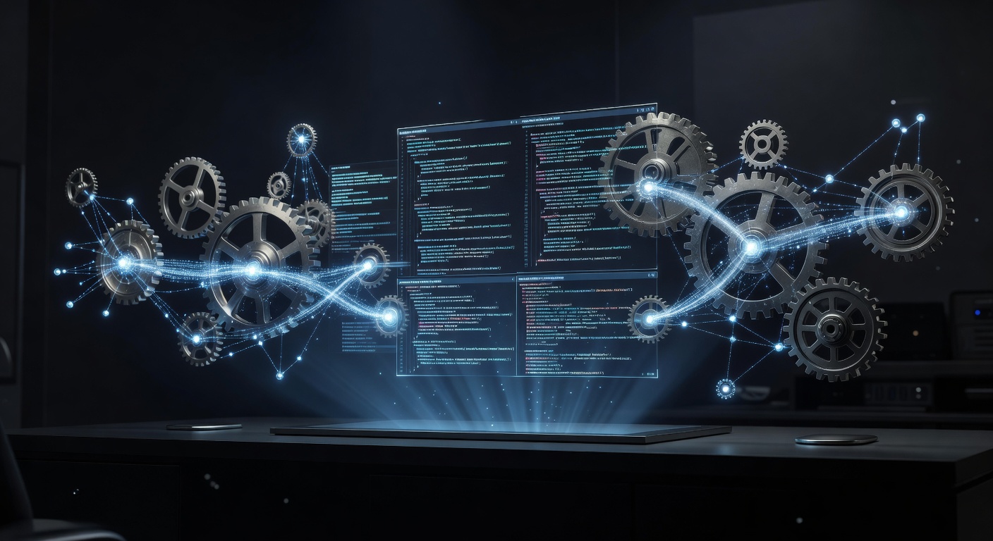 A modern developer workspace concept showing an abstract code editor interface floating in mid-air, surrounded by interconnected glowing gears and AI neural network nodes, symbolizing seamless integration and automated workflows, sleek tech aesthetic, dark mode, no text or logos