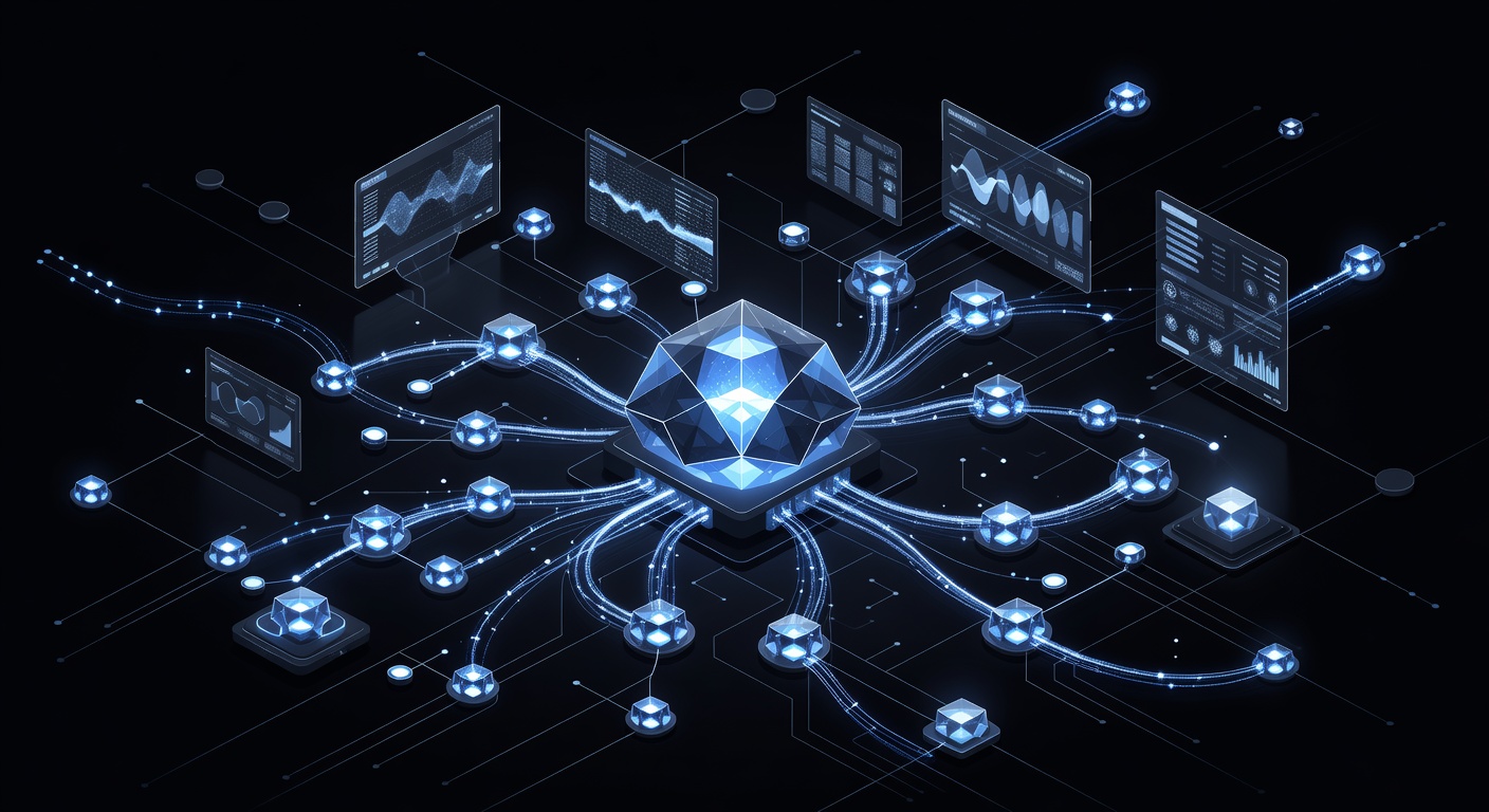 A modern 3D isometric illustration of a virtual computer environment, featuring interconnected glowing nodes representing persistent memory, a central AI core, and floating holographic data dashboards, sleek dark mode tech aesthetic, no text or logos