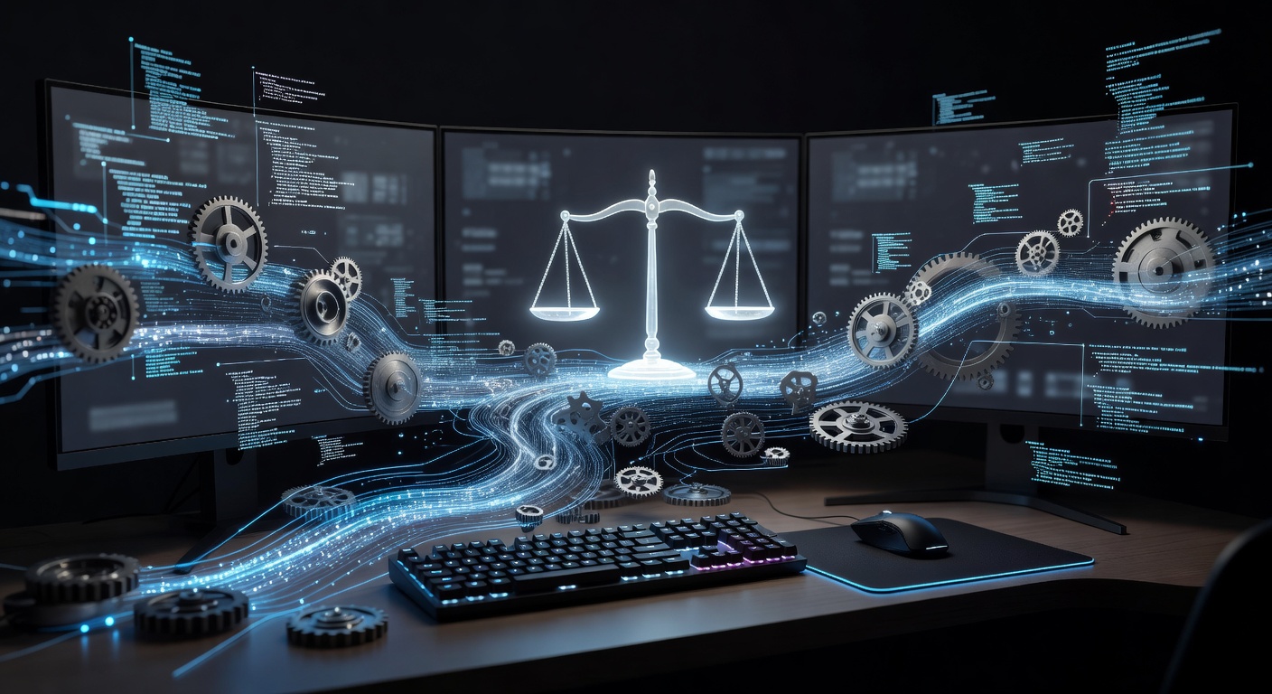 A conceptual digital illustration showing a developer's workspace seamlessly merging with an artificial intelligence network, featuring glowing abstract code blocks, gears representing automation, and a balanced scale of glowing light, modern sleek tech style, no text or logos