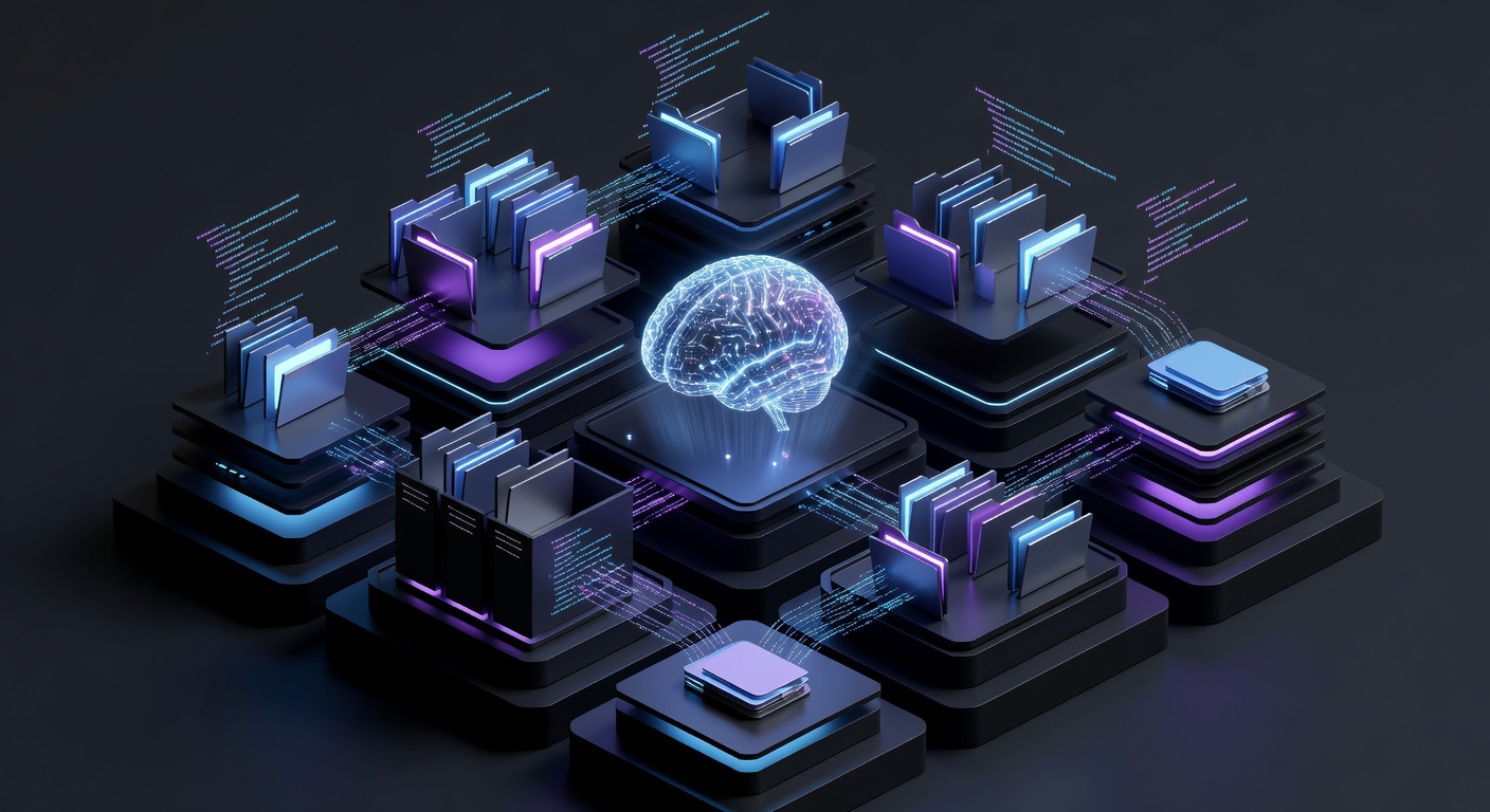A modern 3D isometric illustration of a glowing digital library or database structure, with floating code snippets, folder icons, and a glowing AI brain, representing an organized repository of AI prompts. Clean tech aesthetic, dark mode with neon blue and purple accents, no text or logos.