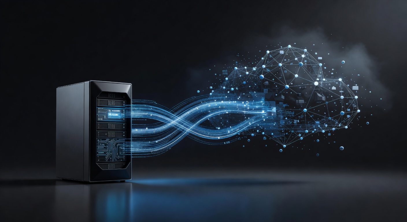 A sleek conceptual illustration showing a secure local server setup on one side and a cloud network on the other, connected by glowing data streams, symbolizing self-hosting and privacy trade-offs. Modern minimalist tech style, vibrant colors, no text or logos.