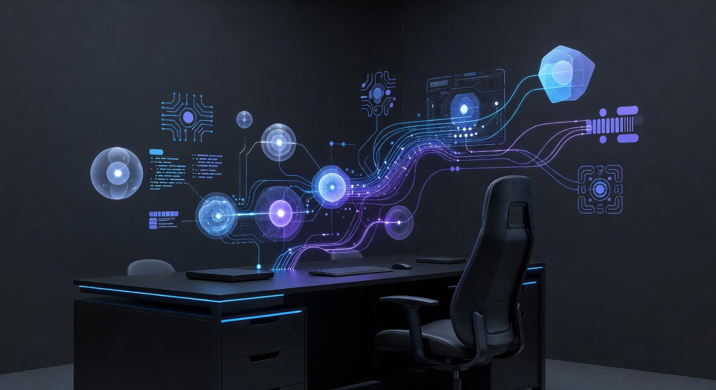 A modern, abstract illustration of a developer's workspace with floating holographic UI elements representing AI nodes connecting to web development frameworks, glowing blue and purple neon colors, sleek tech style, no text or logos