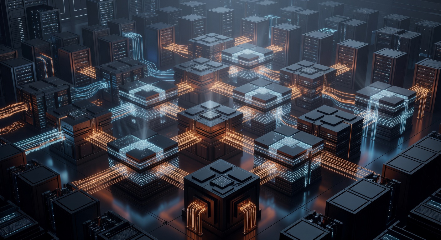 A 3D isometric visualization of a neural network transformer architecture, showing layers of glowing data processing blocks and modular components, futuristic server environment, dark mode with vibrant orange and cyan accents, no text or logos