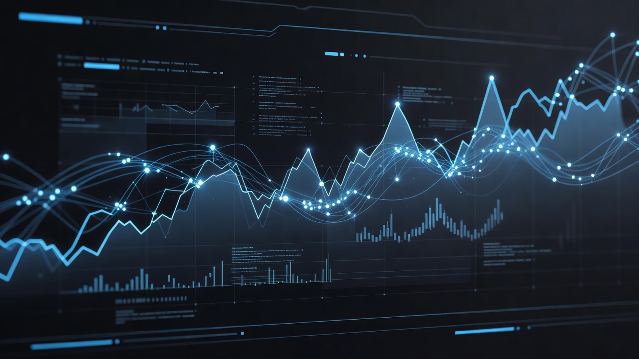 A modern, abstract digital dashboard showing financial charts, glowing trend lines, and data nodes connecting in a dark-themed interface, representing algorithmic trading and backtesting, sleek tech aesthetic, no text or logos