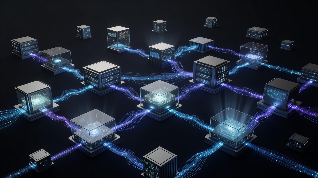 A conceptual 3D illustration of glowing isometric containers and server nodes connected by fiber optic light streams, representing a self-hosted software architecture and containerized deployment, modern tech style, dark background, no text or logos