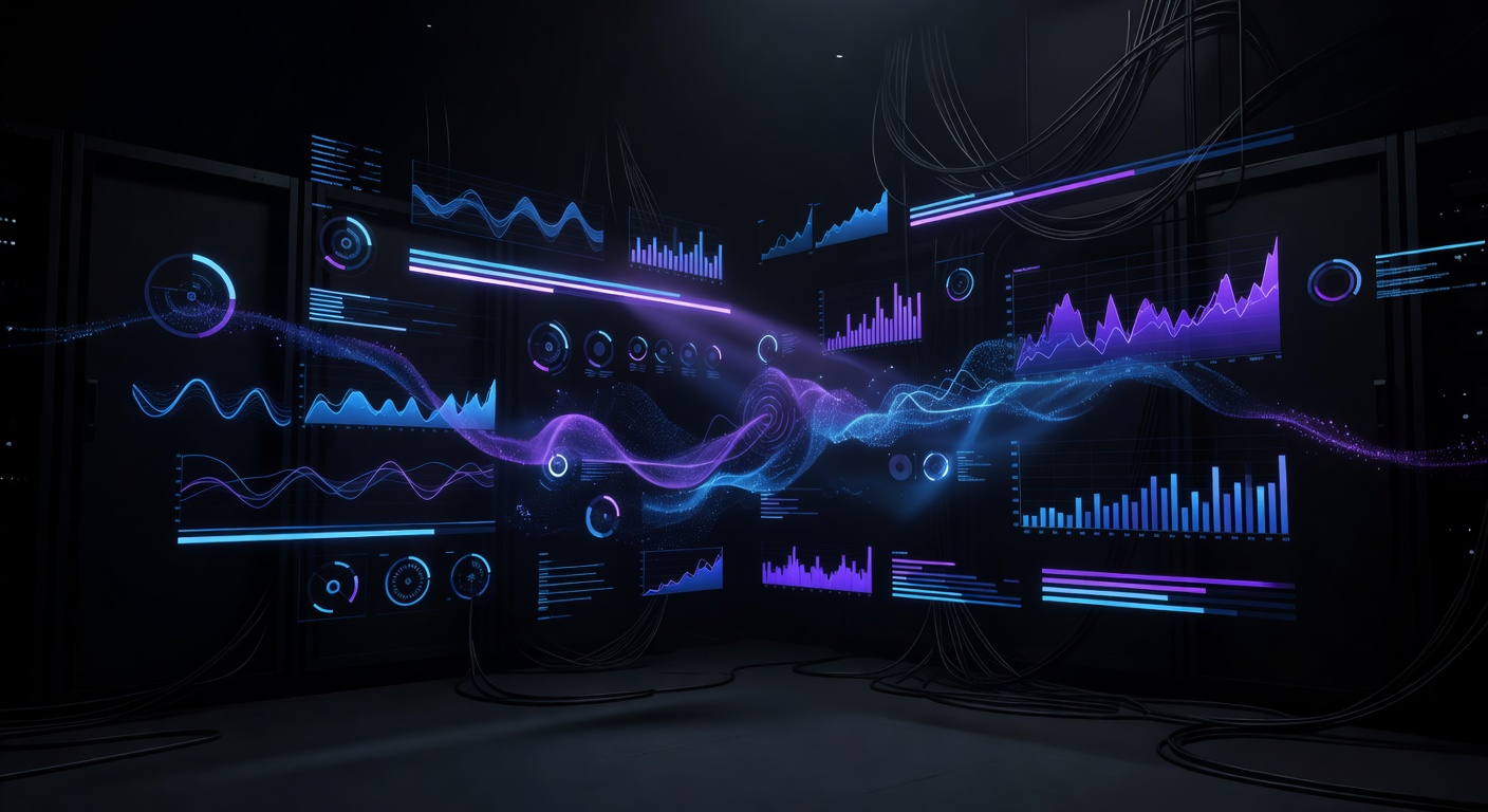 A modern, abstract representation of a command-line interface dashboard glowing with neon blue and purple data charts, progress bars, and analytics graphs in a dark tech environment. No text or logos.